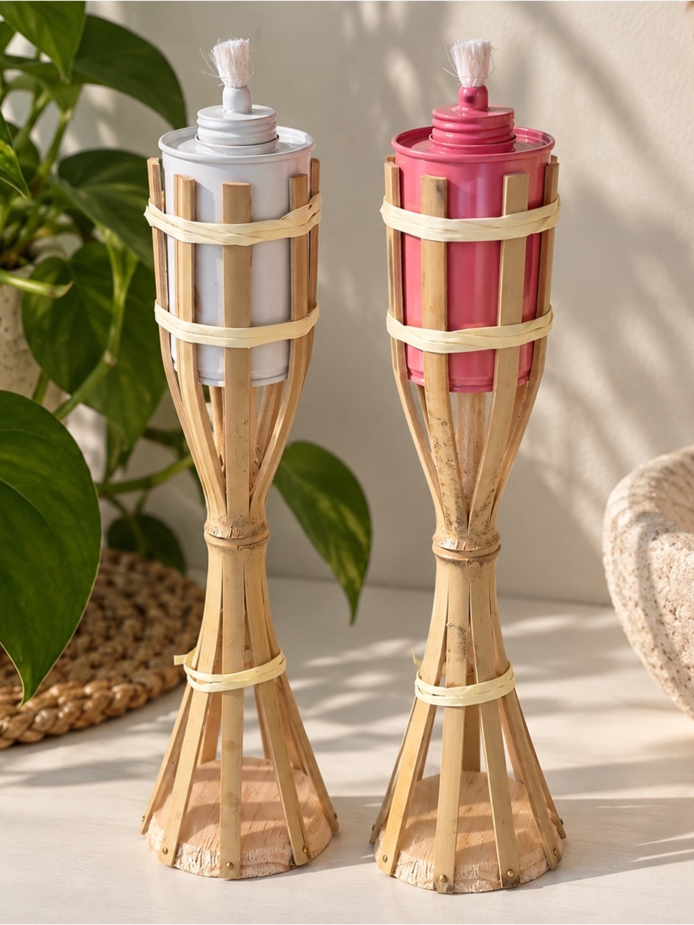 Set of 2 | Mini Bamboo Tiki Torches | Pink & White | New